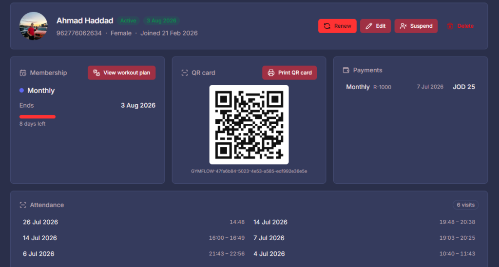 GymFlow member profile showing the printable QR card
