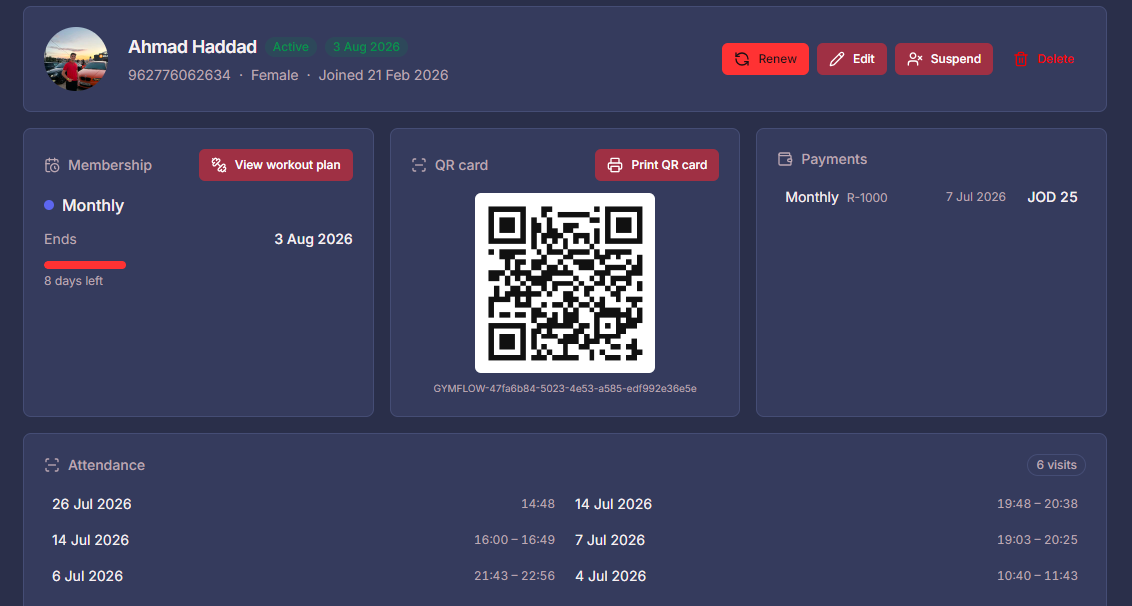 GymFlow member profile and QR card — real app screenshot