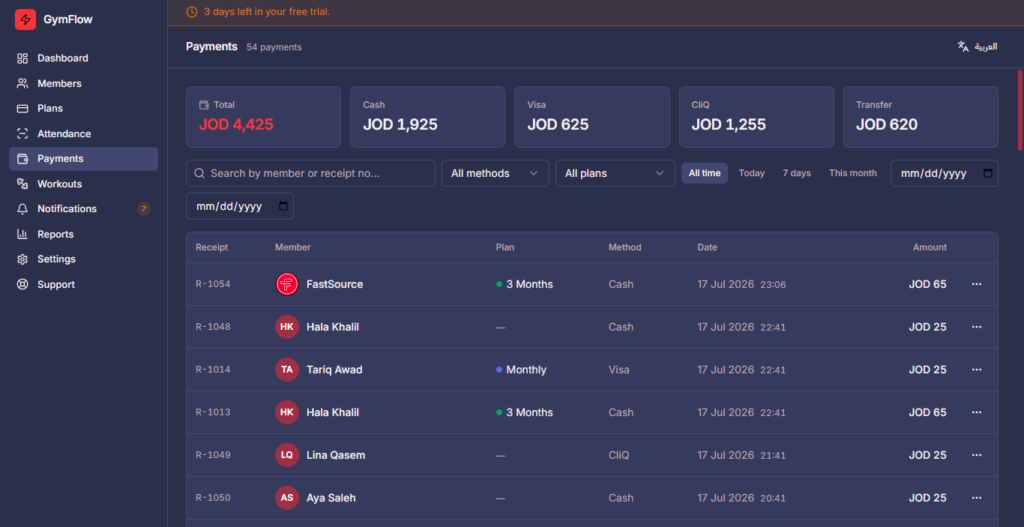 GymFlow payments and receipts screen