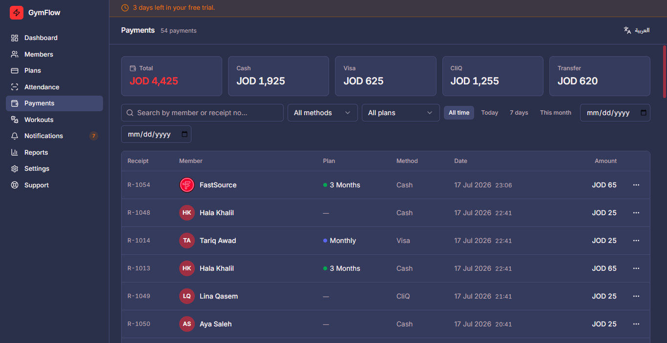 GymFlow payments and receipts — real app screenshot