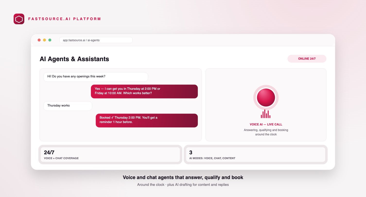 Fastsource.ai AI voice and chat agent dashboard showing a live conversation and booking confirmation